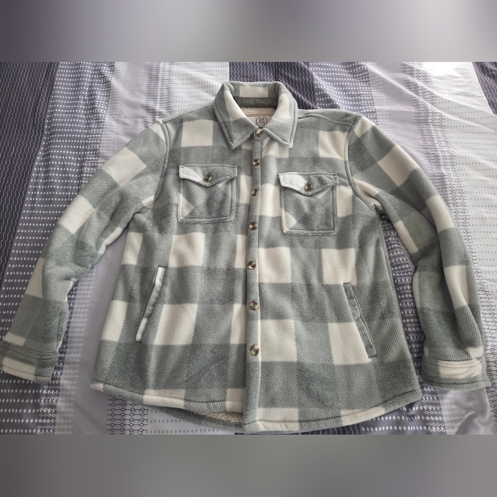 Buffalo Plaid Fleece Shacket in Sage and Cream Size M